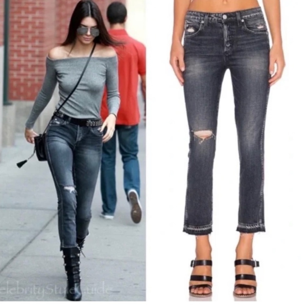 AMO Babe Crop Button Fly Jeans in Vixen Destroy Faded Black Wash 28 Raw Hem
